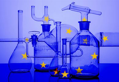 Connected laboratory glassware with stars from the EU flag within the apparatus. To illustrate research connections in the European Research Area. Connected laboratory glassware with stars from the EU flag within the apparatus. To illustrate research connections in the European Research Area.
