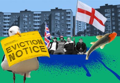 Montage showing far-right Britain First party supporters holding a Union Flag and a St George Cross sitting in a pond made from blue spray paint, while a seagull holds an eviction notice and a carp jumps from the pond. Student accommodation in background