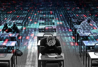 Student struggling in exam hall, with computer code overlayed on other students taking the exam. To illustrate that artificial intelligence has “blurred the line” between what constitutes academic support and what should be seen as misconduct.