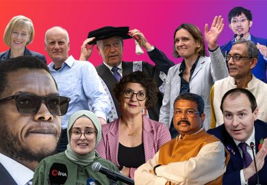 Montage of the faces of 2025: people who shaped higher education. L-R Jane Harrington, Mosa Moshabela, Paul Wiltshire, Rumeysa Ozturk, Bill Shorten, Laura Murphy, Shri Dharmendra Pradhan, Esther Duflo, Liang Wenfeng, Abhijit Banerjee and Ian Chapman.