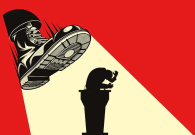 Far-right boot stomping on lecturer, to illustrate the fear that Europe’s universities could fall victim to populist assaults.