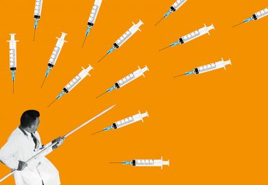 Scientist defending himself against flying syringes