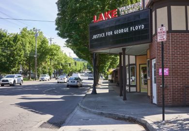 The cinema billboard of a local theater in Lake Oswego, Oregon, has been changed to support the nationwide protest demanding justice for George Floyd.