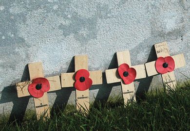 First World War (WW1) memorial crosses and poppies