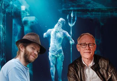Montage with Flint Dibble (left) and Graham Hancock (right) and underwater classical statue. 