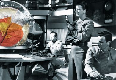 futuristic men looking at a simulation 