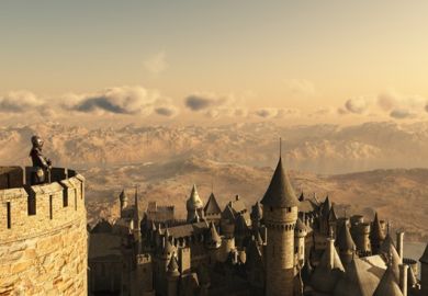 A medieval guard surveys a town from the battlements, symbolising academic gatekeeping