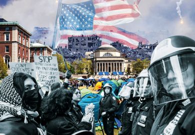 Montage that shows the destruction in Gaza; Student demonstrators occupy the West Lawn of Columbia University; Students and pro-Palestinian activists face police as they gather outside of Columbia University; torn US flag Montage that shows the destruction in Gaza; Student demonstrators occupy the West Lawn of Columbia University; Students and pro-Palestinian activists face police as they gather outside of Columbia University; torn US flag