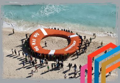 People flocking around giant lifebelt to suggest how business can build coalitions to promote sustainability and rescue the planet People flocking around giant lifebelt to suggest how business can build coalitions to promote sustainability and rescue the planet