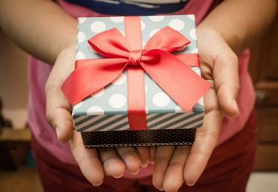 A pair of hands hold a wrapped gift gift illustrating endowments to US universities
