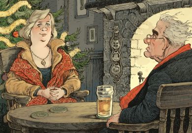 Illustration for story by John Gilbey. Peter, vice-chancellor of the University of Rural England, and Lady Mary in the White Hart pub.