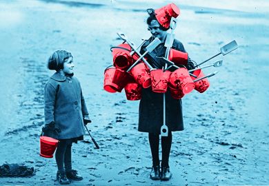 A young girl with one bucket looks at a girl carrying many buckets. To illustrate the question of whether the bucket model of UKRI funding will succeed.
