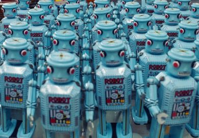 Group of blue robots facing camera Group of blue robots facing camera