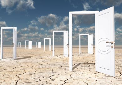 Group of open doors on parched earth