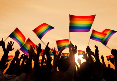 Group of people waving Gay Pride symbol flags