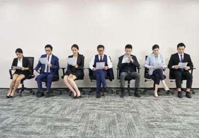 group of asian business people men and women waiting in line for job interview
