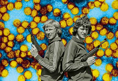 Vintage image of two men in tracksuits standing back to back holding guns illustrating opinion about back-to-back publication
