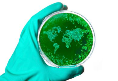 Hand holding petri dish with world map-shaped bacteria