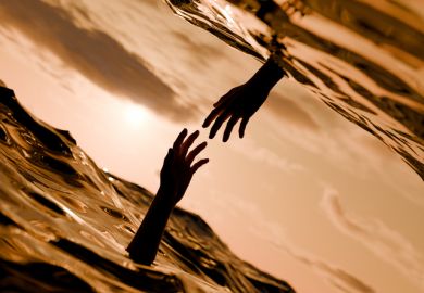 Two hands reach out of the water to each other, symbolising mutual support