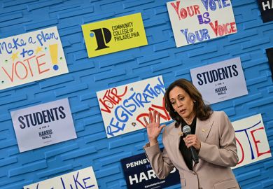 US Vice President and Democratic presidential candidate Kamala Harris speaks to student volunteers during a stop at the Community College of Philadelphia during a voter registration training session, in Philadelphia, Pennsylvania, on September 17, 2024