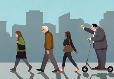 Illustration of a man on a scooter chasing others, to illustrate a head of department managing other academics.