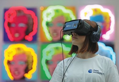 A visitor to Art Russia uses a VR headset near Olga Rozanova’s ‘Admiration’