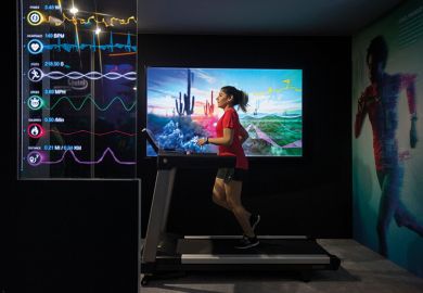 A woman runs on a running machine while some health stats are foregrounded A woman runs on a running machine while some health stats are foregrounded
