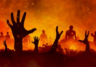 Raised hands in a flaming landscape