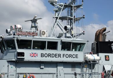 Her Majesty's Customs Border Force protection cutter Protector. Moored alongside quay. View of bridge and aerials No People. United Kingdom border patrol