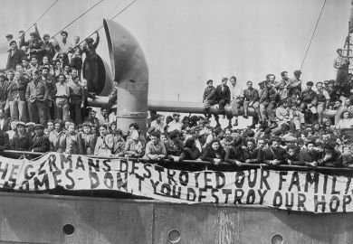 Jewish refugees aboard the Theodor Herzl protesting against their deportation to Cyprus
