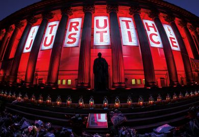 Hillsborough Truth and Justice banner, Saint George's Hall, Liverpool