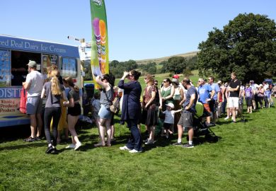 Hope, Derbyshire, UK. August 26, 2019. Families of spectators at a country show queuing for ice cream in the beautiful peak district countryside at the Hope show in Derbyshire, UK.
