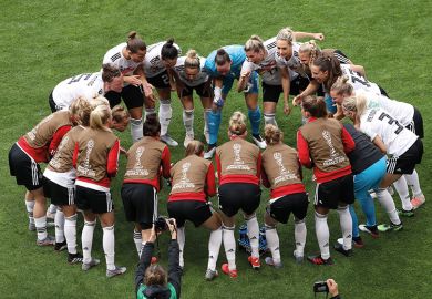 The German players form a team huddle prior to the 2019 FIFA Women’s World Cup match between Germany and Spain, Valenciennes, France