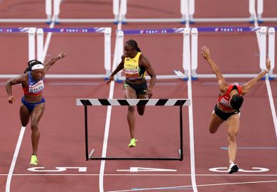 Runners at the finish line for the Women's 100 Metres Hurdles, with an added hurdle for the runner coming in 3rd. To illustrate that the revamped TEF could punish providers with lower ratings by limiting the number of additional students they can recruit.