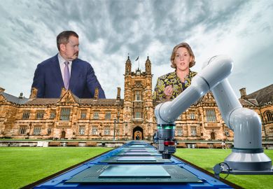 Montage of Tesla Australia CEO Robyn Denholm and Australian science minister Ed Husic speaking during a press conference, 2 December 2024, with the University of Sydney and a production line of computer chips.