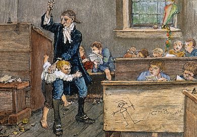 Late 19th century line engraving of 'The Legend of Sleepy Hollow' by Washington Irving of child being hit in the classroom 