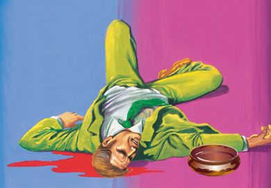 Illustration of a murdered man with blood coming out of his head