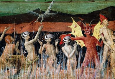 Figures in medieval painting wearing virtual reality headsets