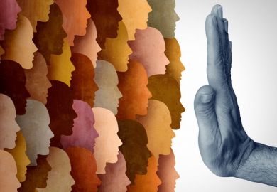 Illustration: A hand bars heads of many colours from passing, symbolising immigration restrictions