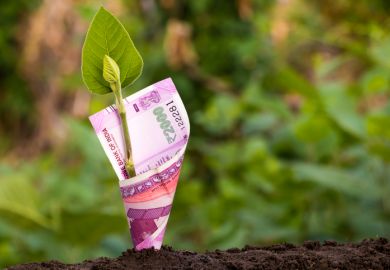 A green shoot with an Indian banknote wrapped around it A green shoot with an Indian banknote wrapped around it illustrating funding for liberal arts in India