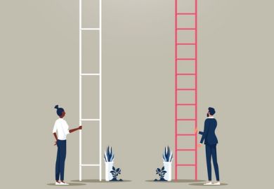 A black woman at the bottom of a ladder with highly spaced rungs, symbolising inequality