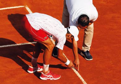 Novak Djokovic of Serbia inspects a line call with the umpire to illustrate Norwegian universities fear EU exclusion under technology rules