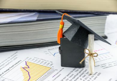 Financial charts projecting upward and a small mortarboard, signifying international students