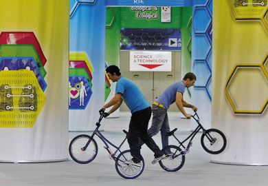 2 BMX riders at a science and technology exhibition in Dublin. To illustrate the merger of 2 funding agencies to form Research Ireland. 2 BMX riders at a science and technology exhibition in Dublin. To illustrate the merger of 2 funding agencies to form Research Ireland.