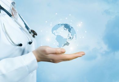 Doctor holds globe, illustrating THE University Impact Forum: Improving Health Outcomes, Transforming Lives