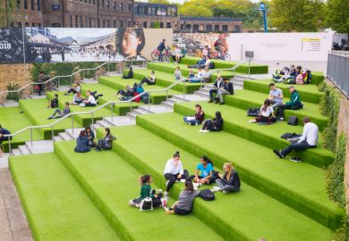 Young People students sitting outdoor on Granary Square steps.