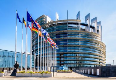 Entrance of the Louise Weiss building, inaugurated in 1999, the official seat of the European Parliament which houses the hemicycle for plenary sessions.