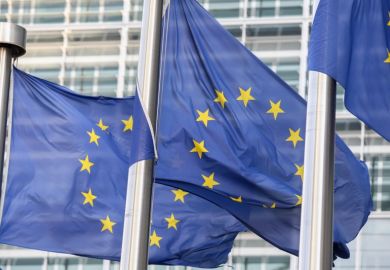 EU flags outside the European Parliament, Brussels, Belgium