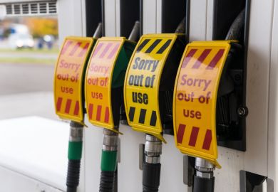 A group of petrol and diesel pumps out of use at a gas station, due to a fuel shortage.