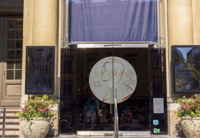 Entrance door to Nobel Prize Museum in Stockholm, Sweden